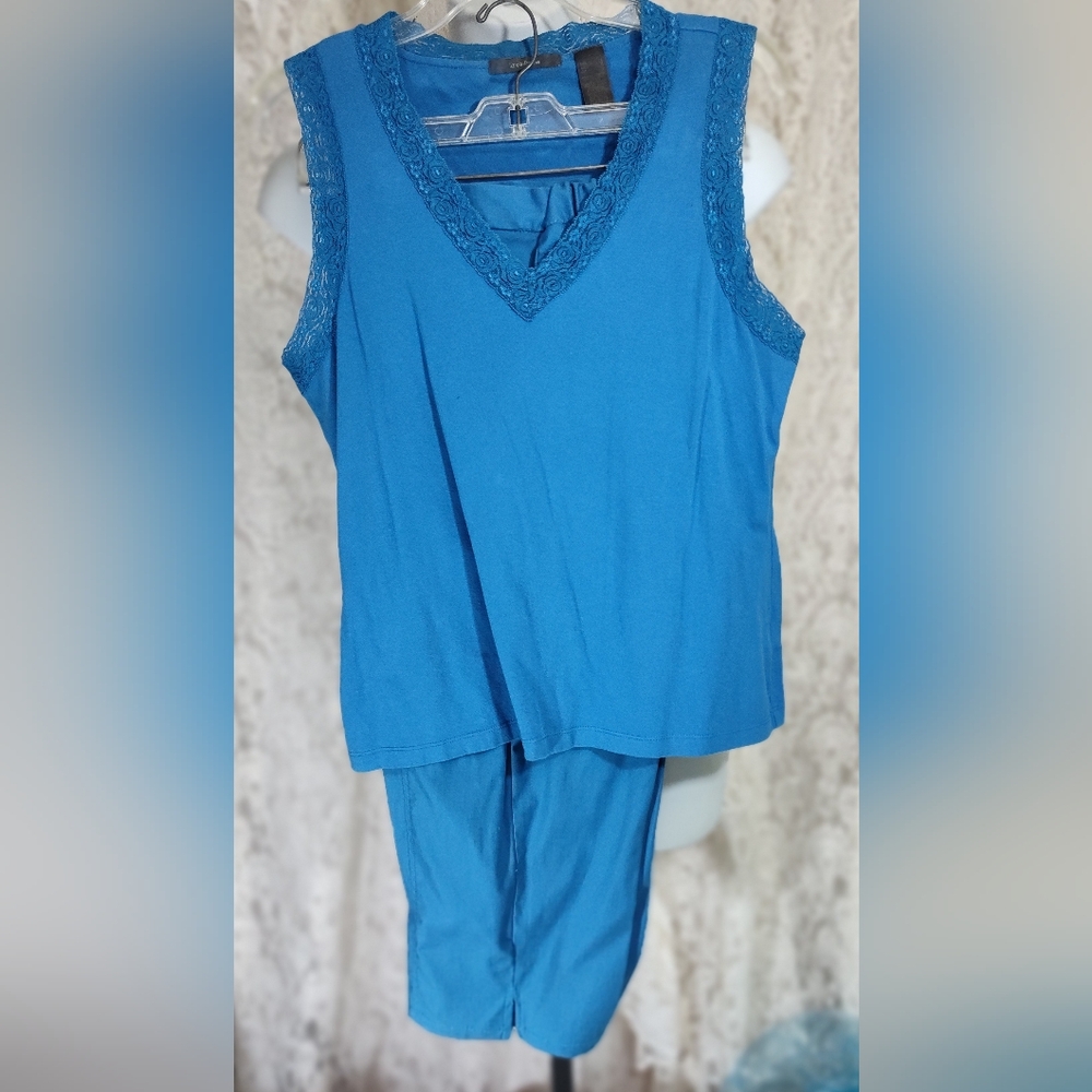 Liz Claiborne Blue Sleeveless Lace Top L, Pant 14 Set Nwot